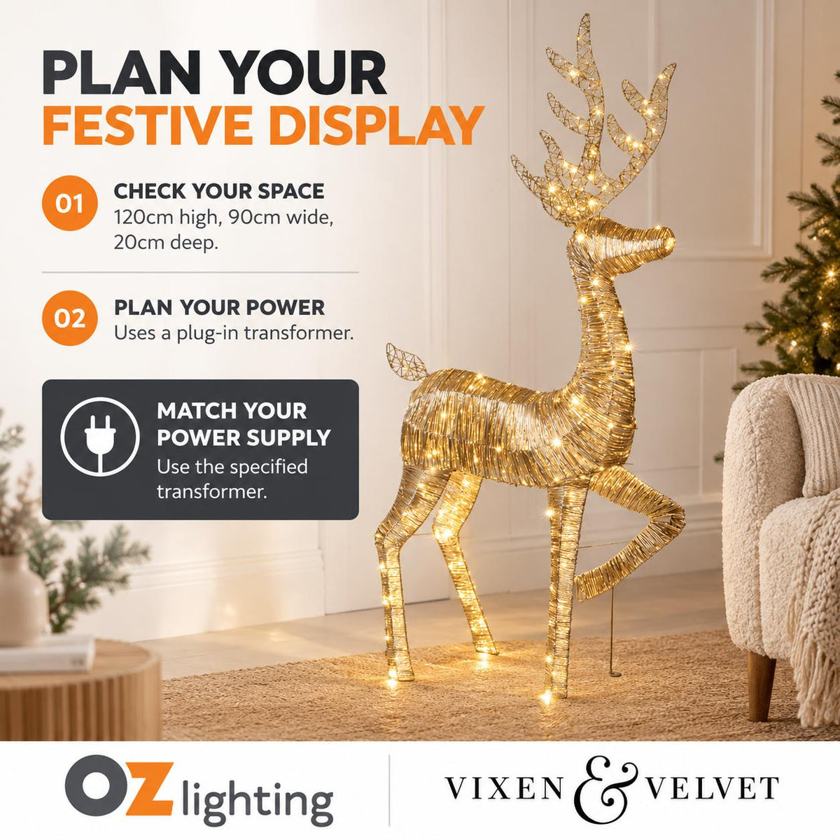 Vixen & Velvet WRAPT Light-Up Reindeer - Medium Gold-VIXEN & VELVET-Ozlighting.com.au