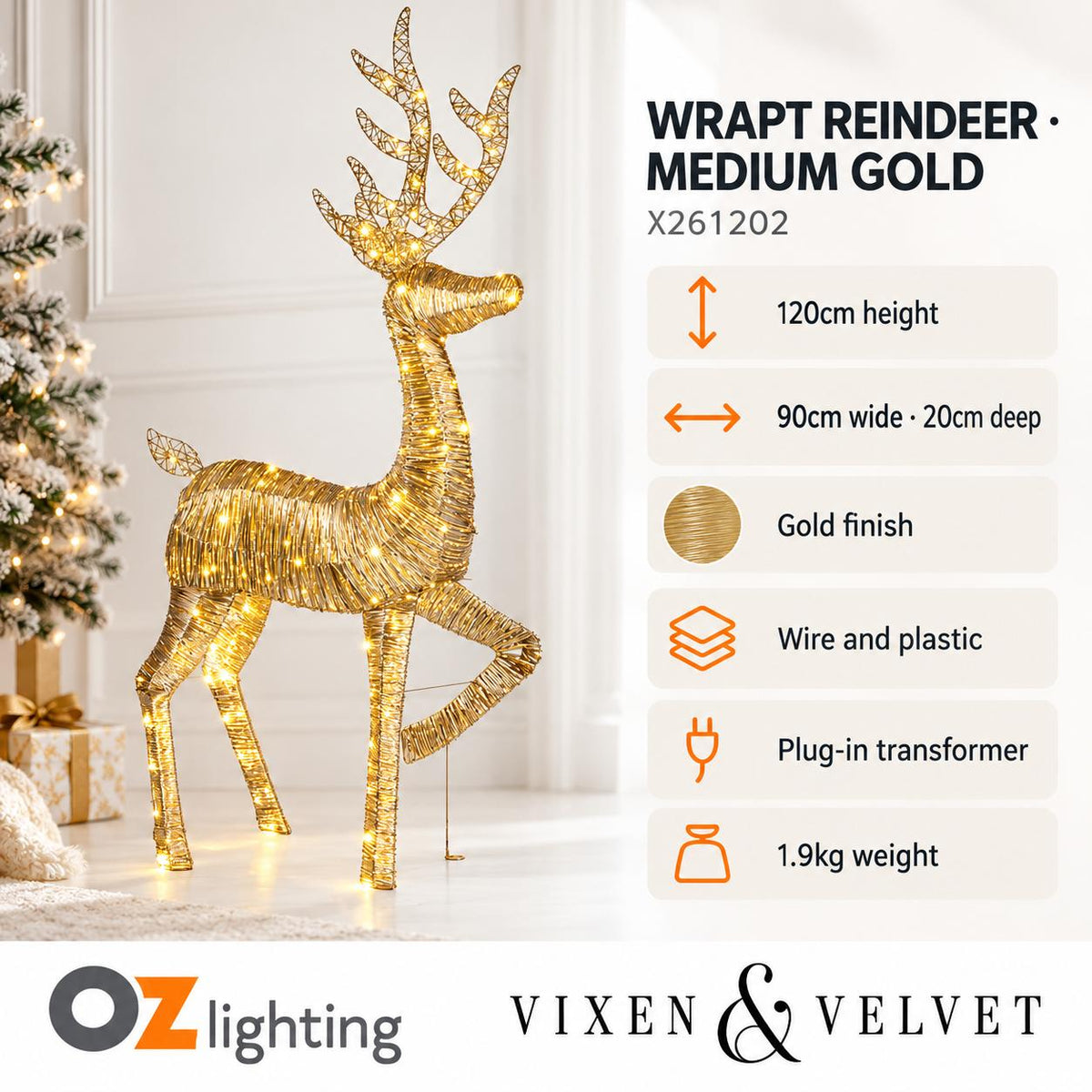Vixen & Velvet WRAPT Light-Up Reindeer - Medium Gold-VIXEN & VELVET-Ozlighting.com.au