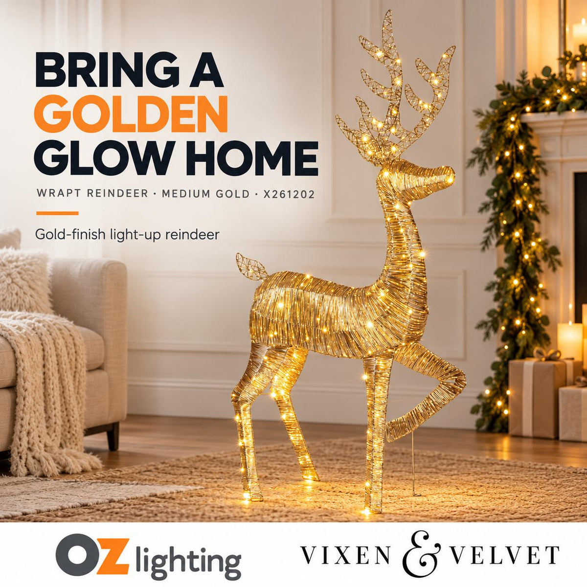 Vixen & Velvet WRAPT Light-Up Reindeer - Medium Gold-VIXEN & VELVET-Ozlighting.com.au