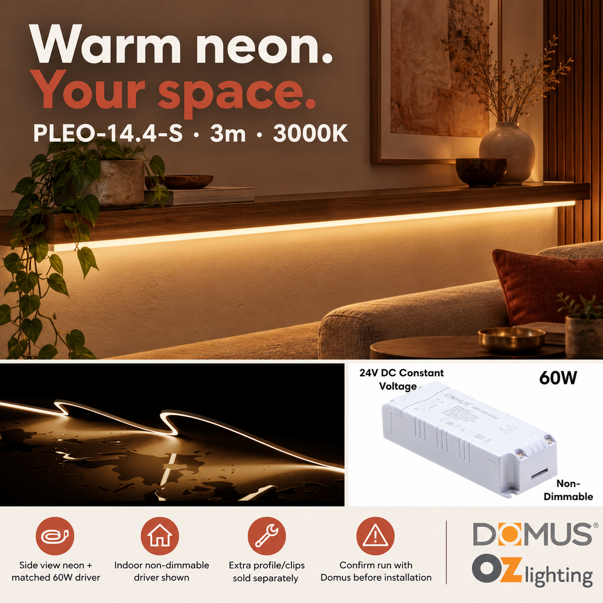 Domus PLEO-14.4-S 3m 3000K LED strip and driver bundle — product benefit