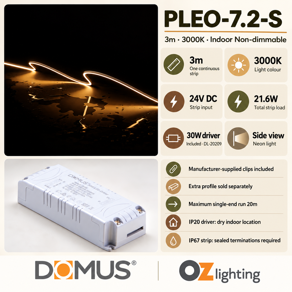 Domus PLEO-7.2-S 3m 3000K LED strip and driver bundle — product details