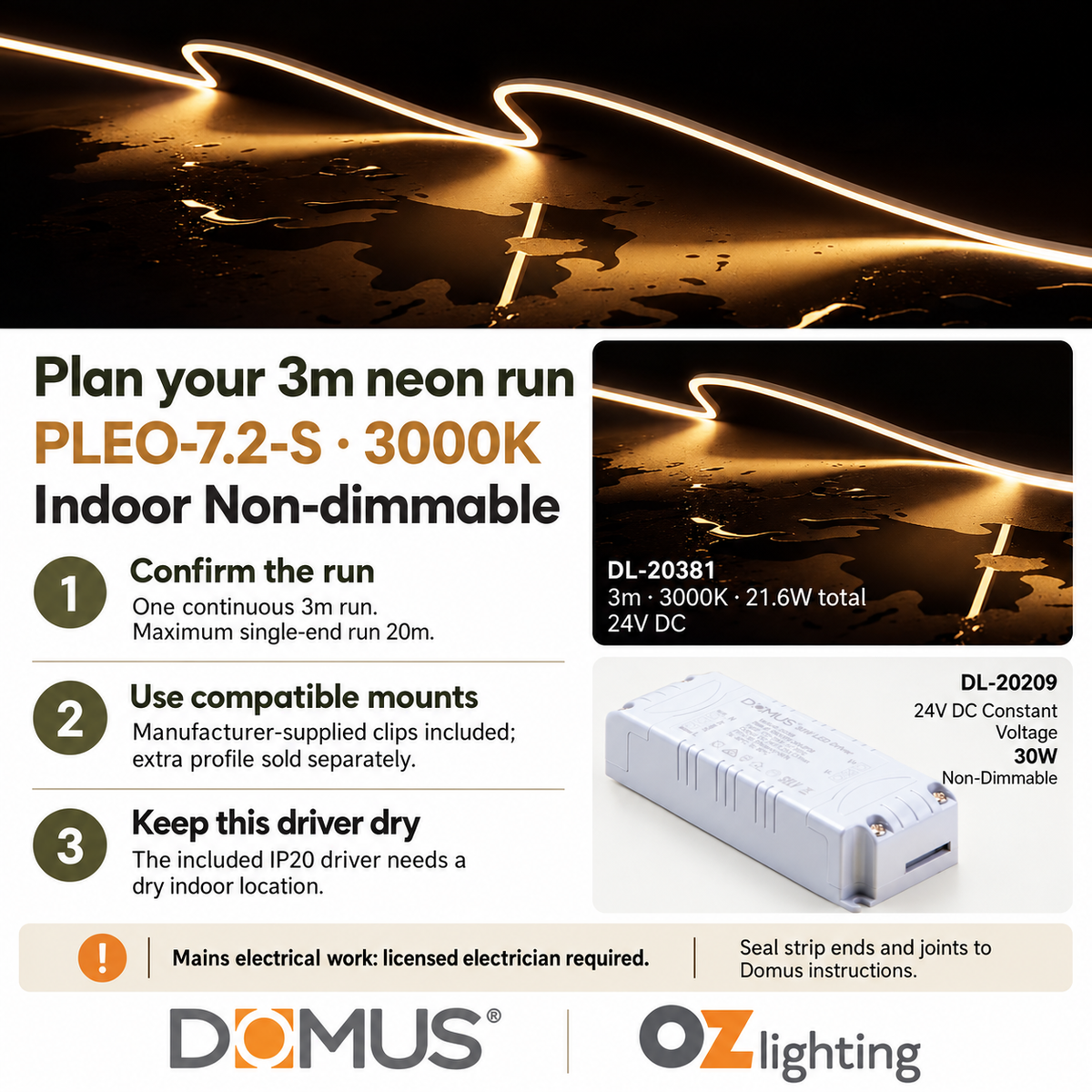 Domus PLEO-7.2-S 3m 3000K LED strip and driver bundle — practical advice
