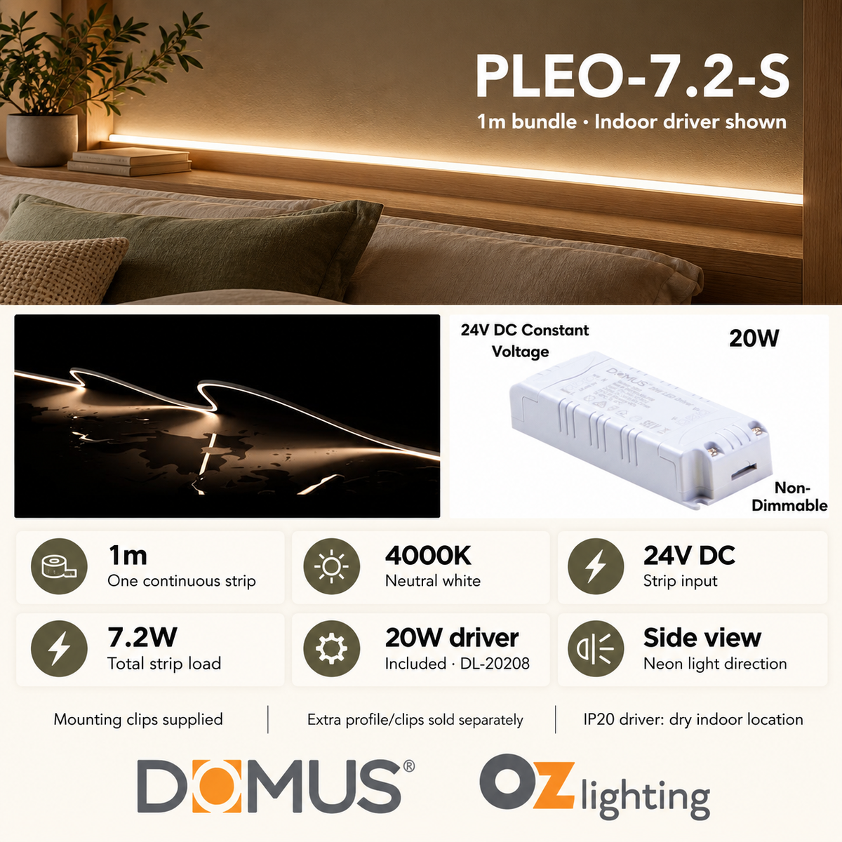 Domus PLEO-7.2-S 1m 4000K LED strip and driver bundle — product details