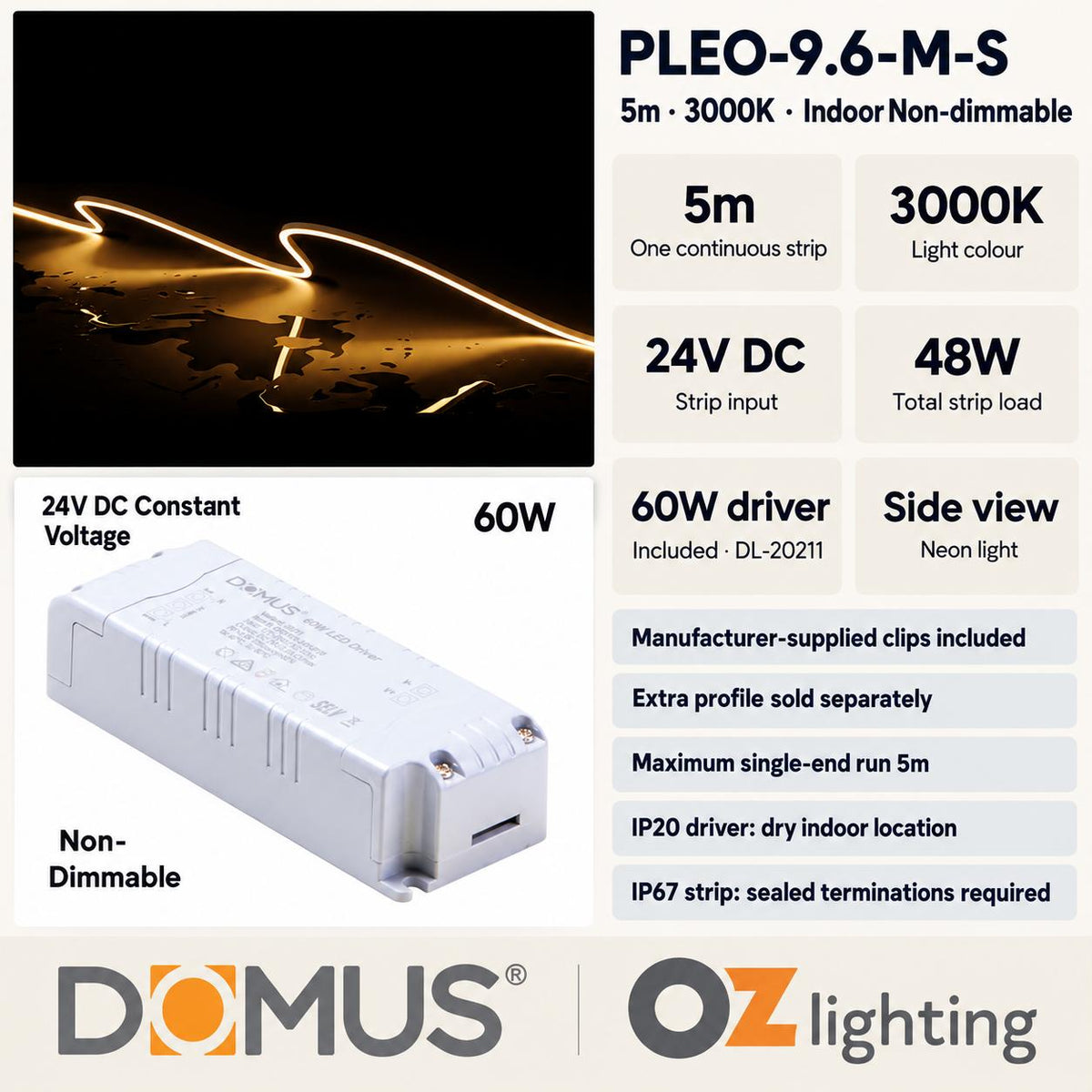 Domus PLEO-9.6-M-S 5m 3000K LED strip and driver bundle — product details