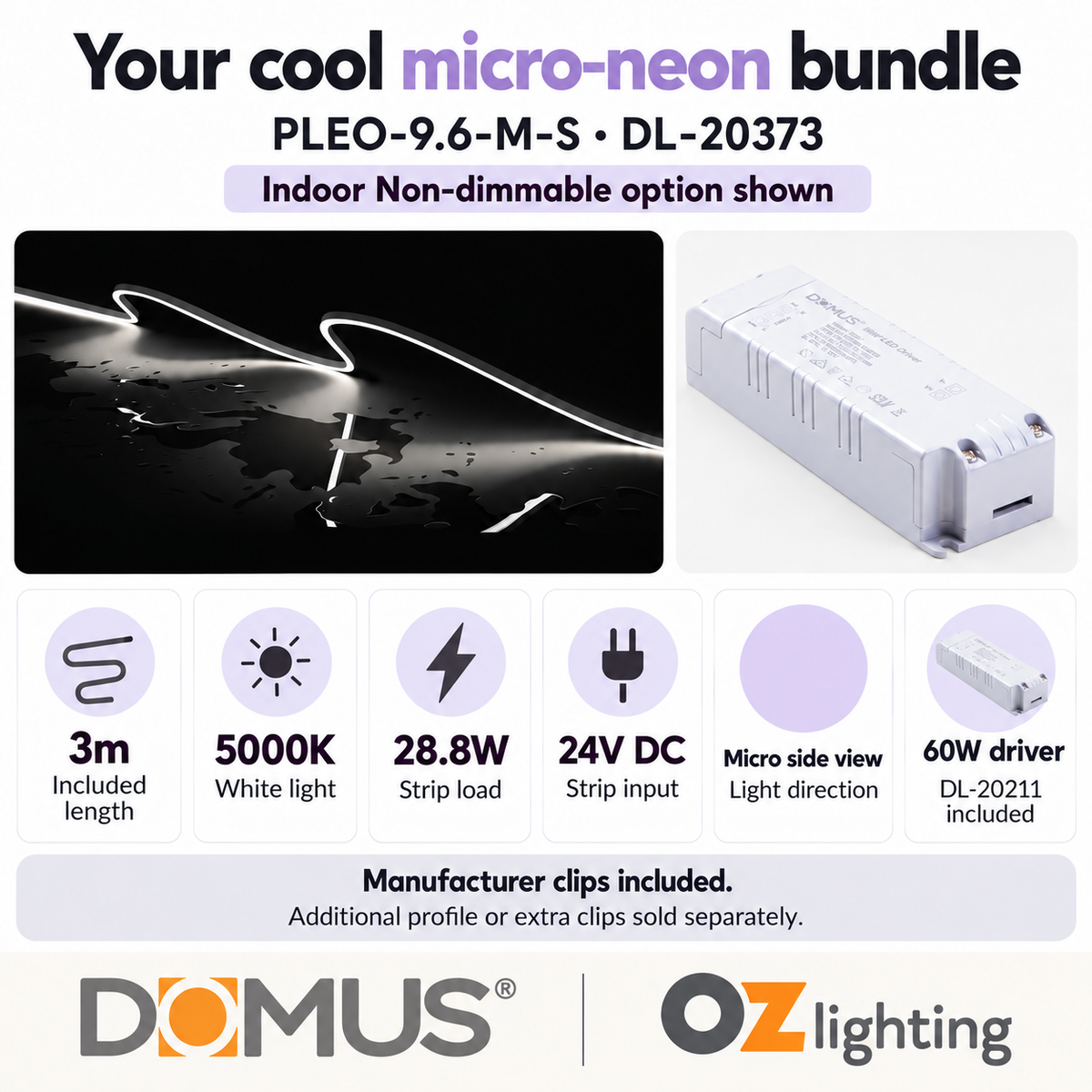 Domus PLEO-9.6-M-S 3m 5000K LED strip and driver bundle — product details