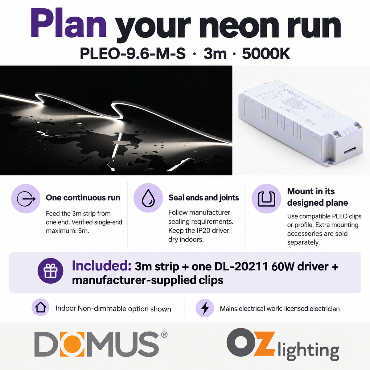 Domus PLEO-9.6-M-S 3m 5000K LED strip and driver bundle — practical advice