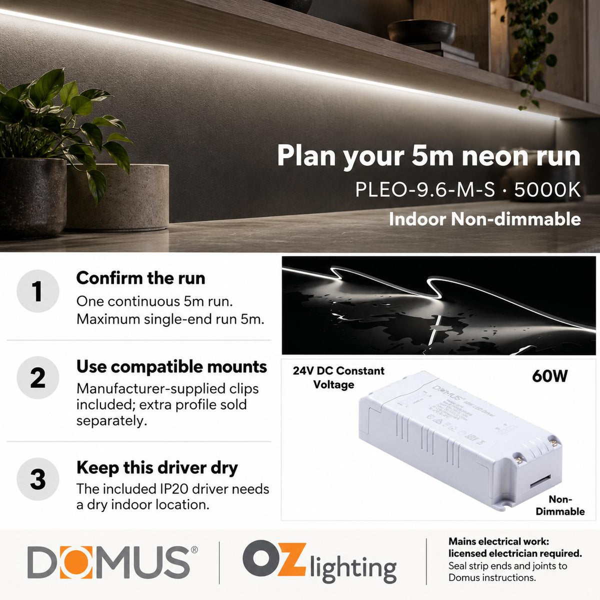 Domus PLEO-9.6-M-S 5m 5000K LED strip and driver bundle — practical advice
