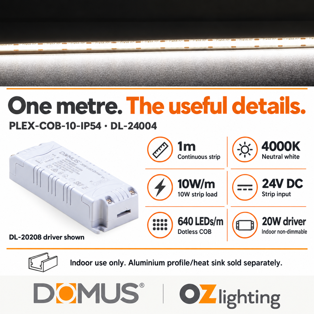 Domus PLEX-COB-10-IP54 1m 4000K LED strip and driver bundle — product details