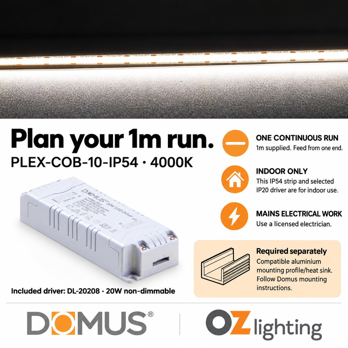 Domus PLEX-COB-10-IP54 1m 4000K LED strip and driver bundle — practical advice