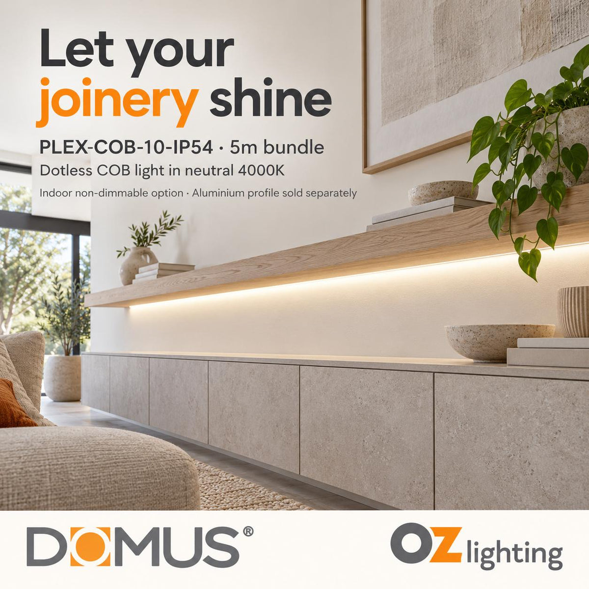 Domus PLEX-COB-10-IP54 5m 4000K LED strip and driver bundle — product benefit
