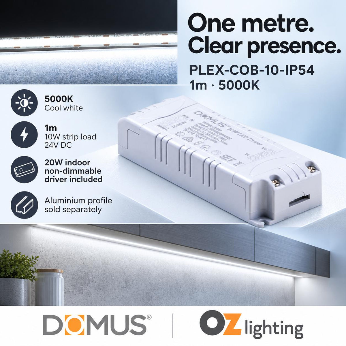 Domus PLEX-COB-10-IP54 1m 5000K LED strip and driver bundle — hero