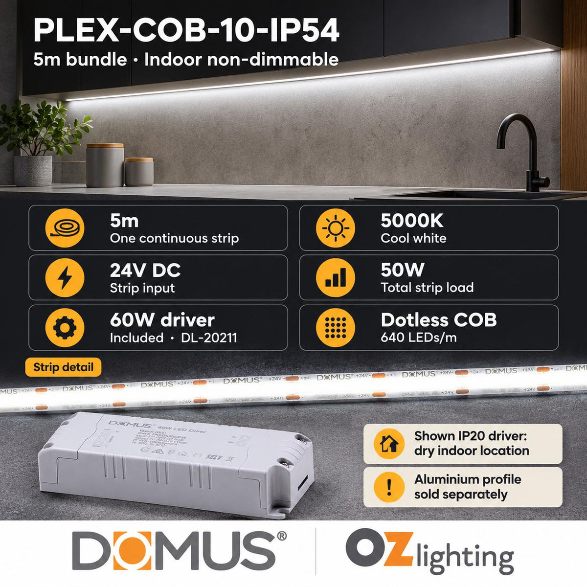 Domus PLEX-COB-10-IP54 5m 5000K LED strip and driver bundle — product details