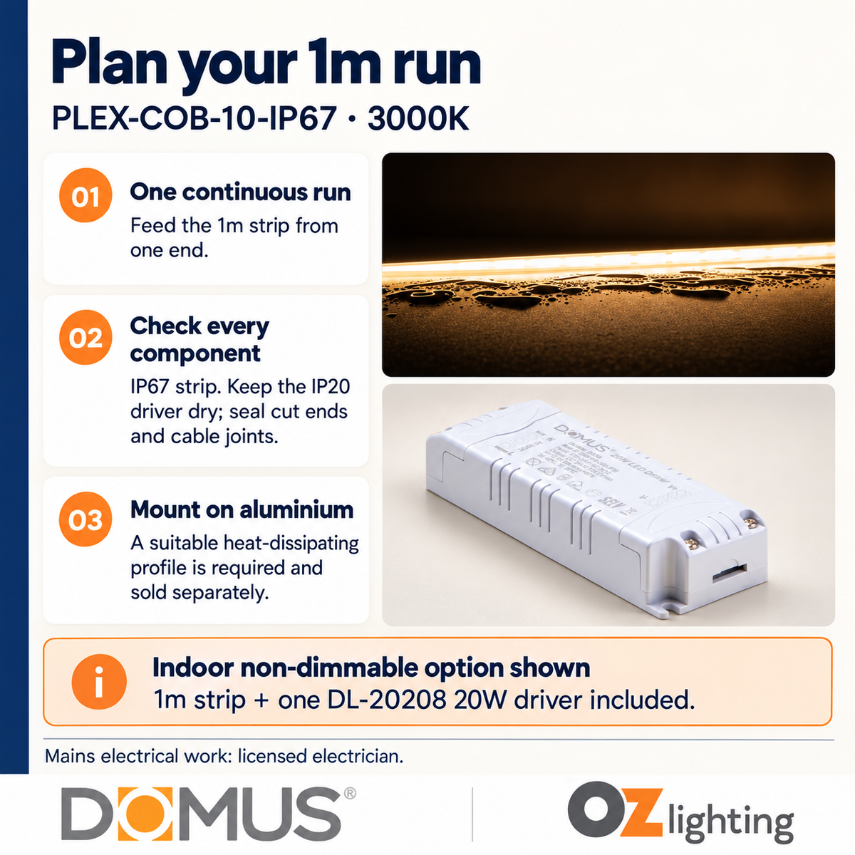 Domus PLEX-COB-10-IP67 1m 3000K LED strip and driver bundle — practical advice