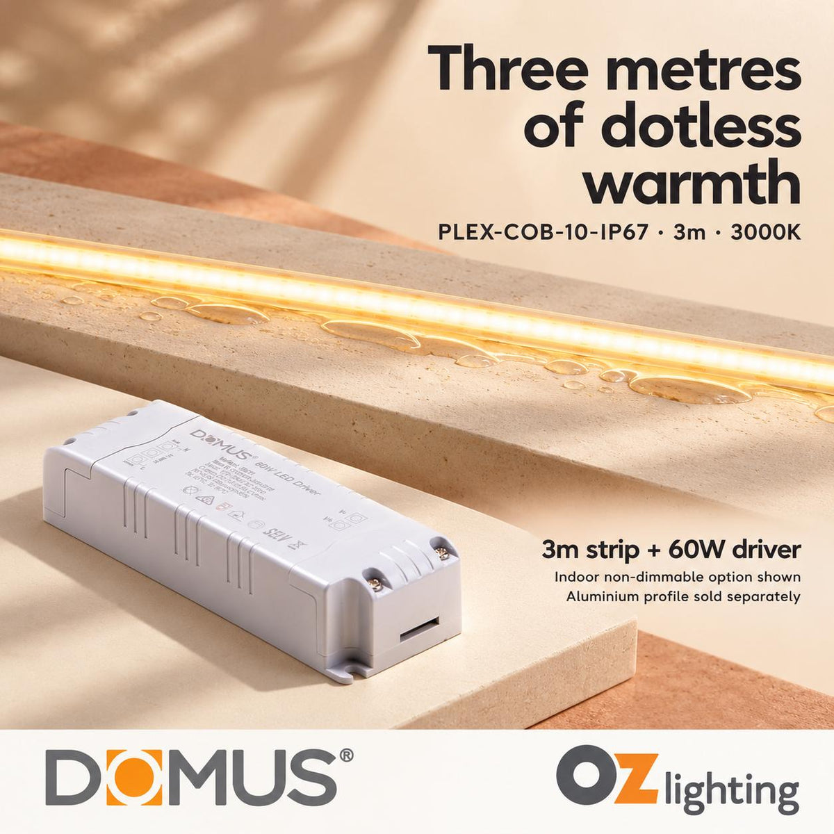 Domus PLEX-COB-10-IP67 3m 3000K LED strip and driver bundle — hero