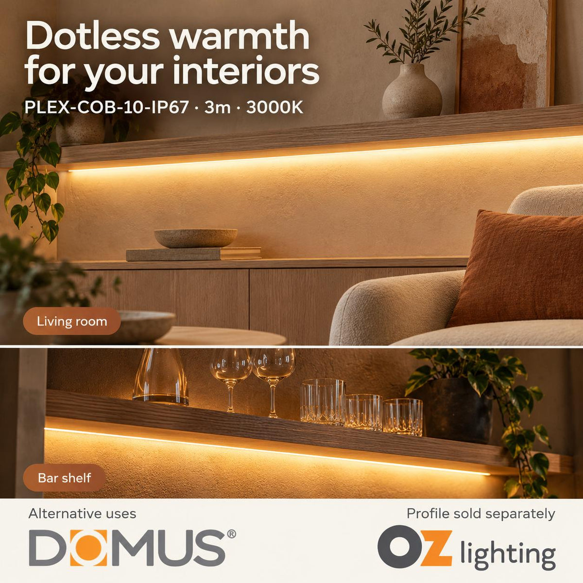 Domus PLEX-COB-10-IP67 3m 3000K LED strip and driver bundle — marketing