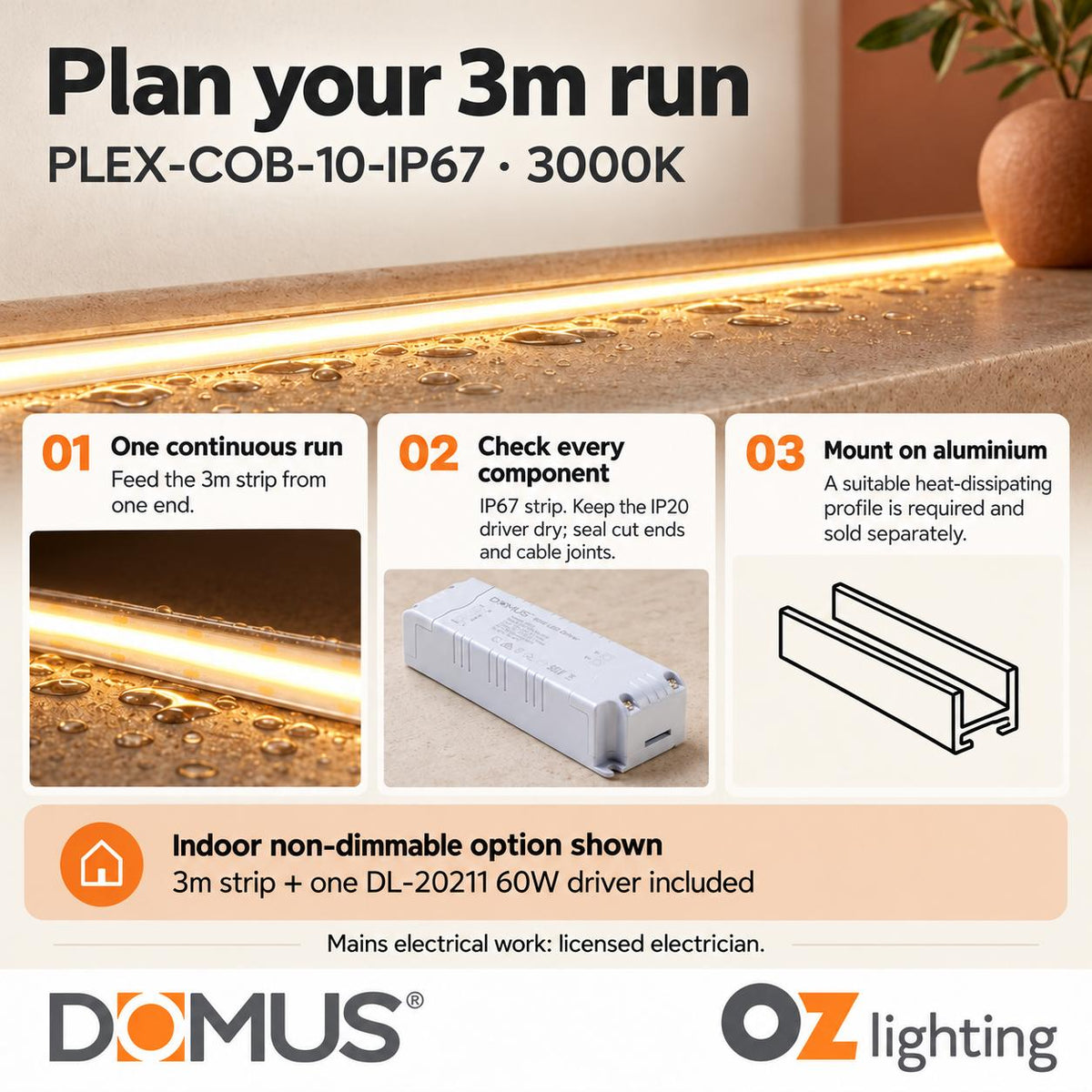 Domus PLEX-COB-10-IP67 3m 3000K LED strip and driver bundle — practical advice