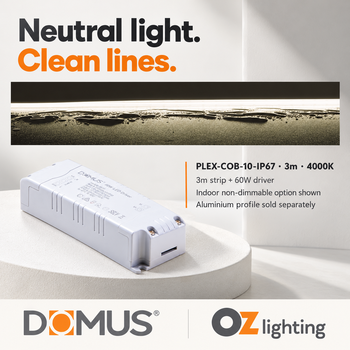 Domus PLEX-COB-10-IP67 3m 4000K LED strip and driver bundle — hero