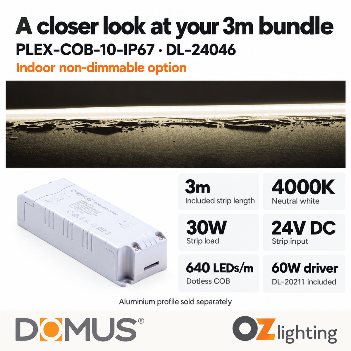 Domus PLEX-COB-10-IP67 3m 4000K LED strip and driver bundle — product details