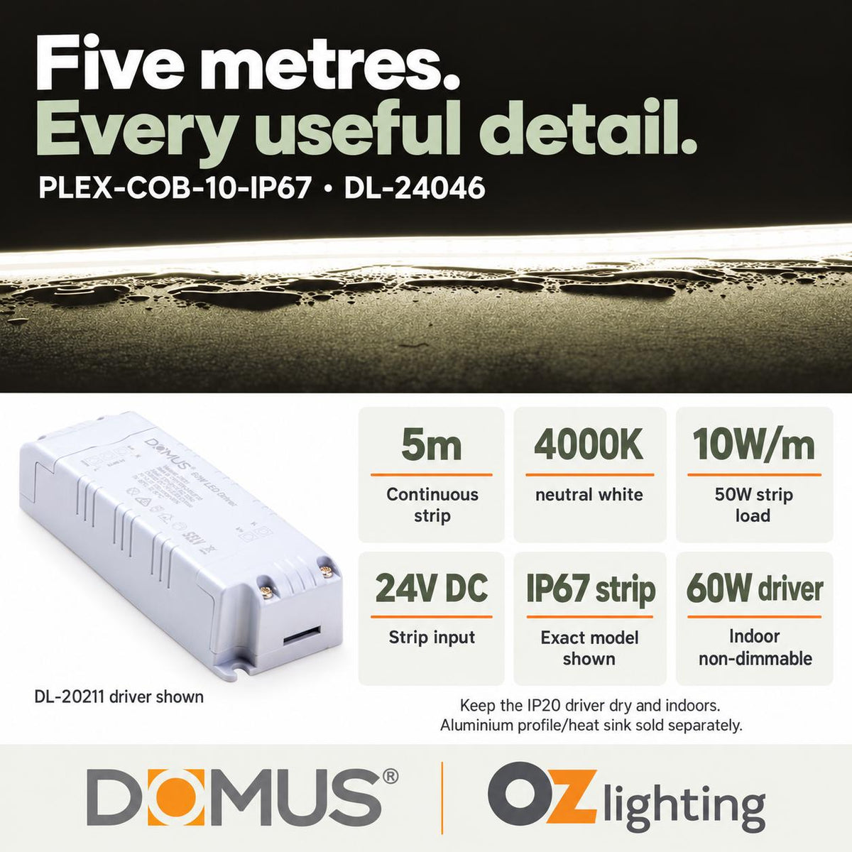 Domus PLEX-COB-10-IP67 5m 4000K LED strip and driver bundle — product details