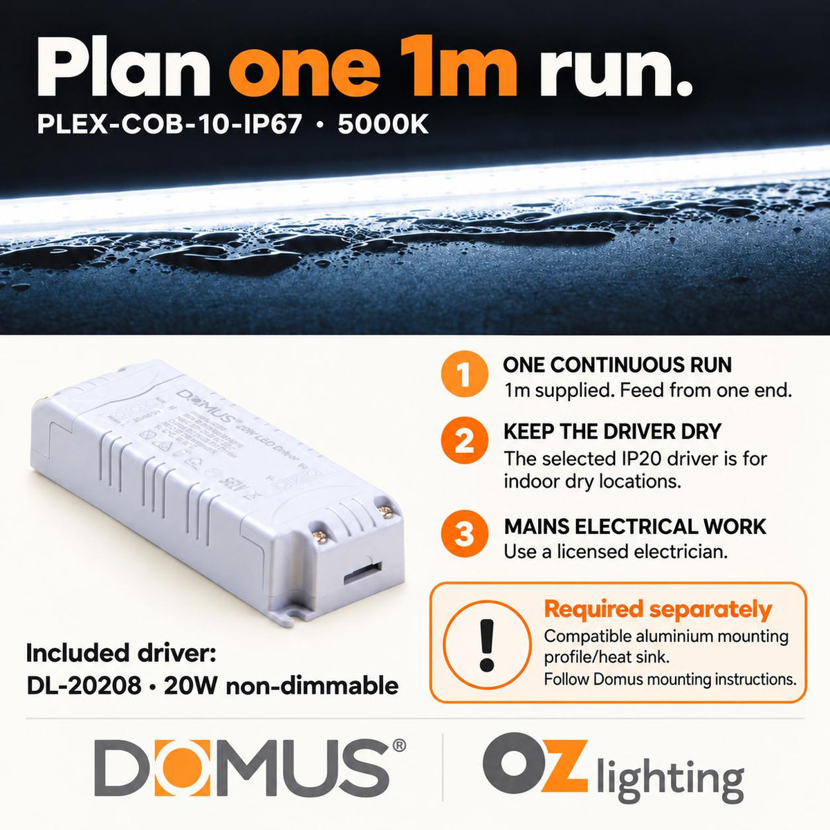Domus PLEX-COB-10-IP67 1m 5000K LED strip and driver bundle — practical advice