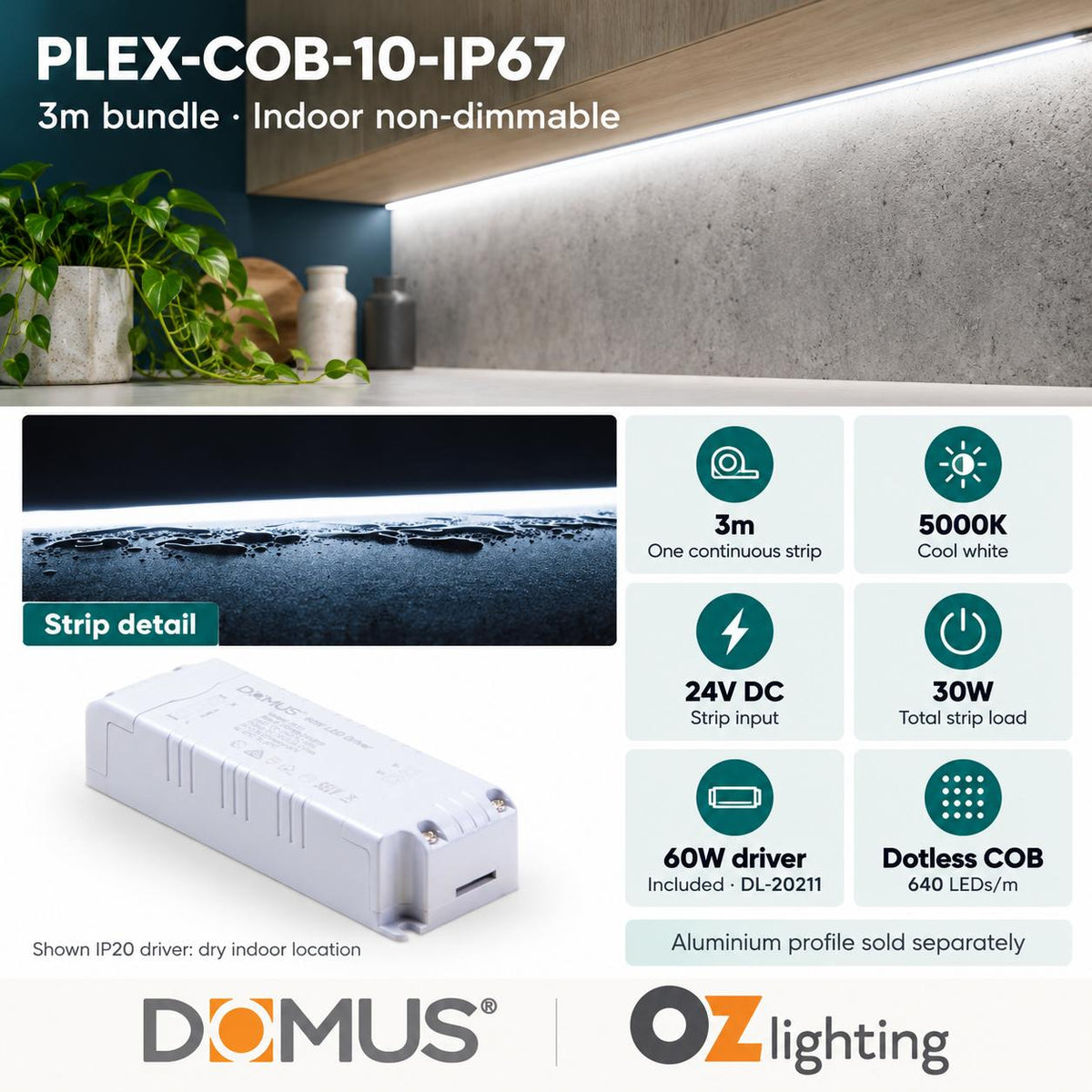 Domus PLEX-COB-10-IP67 3m 5000K LED strip and driver bundle — product details