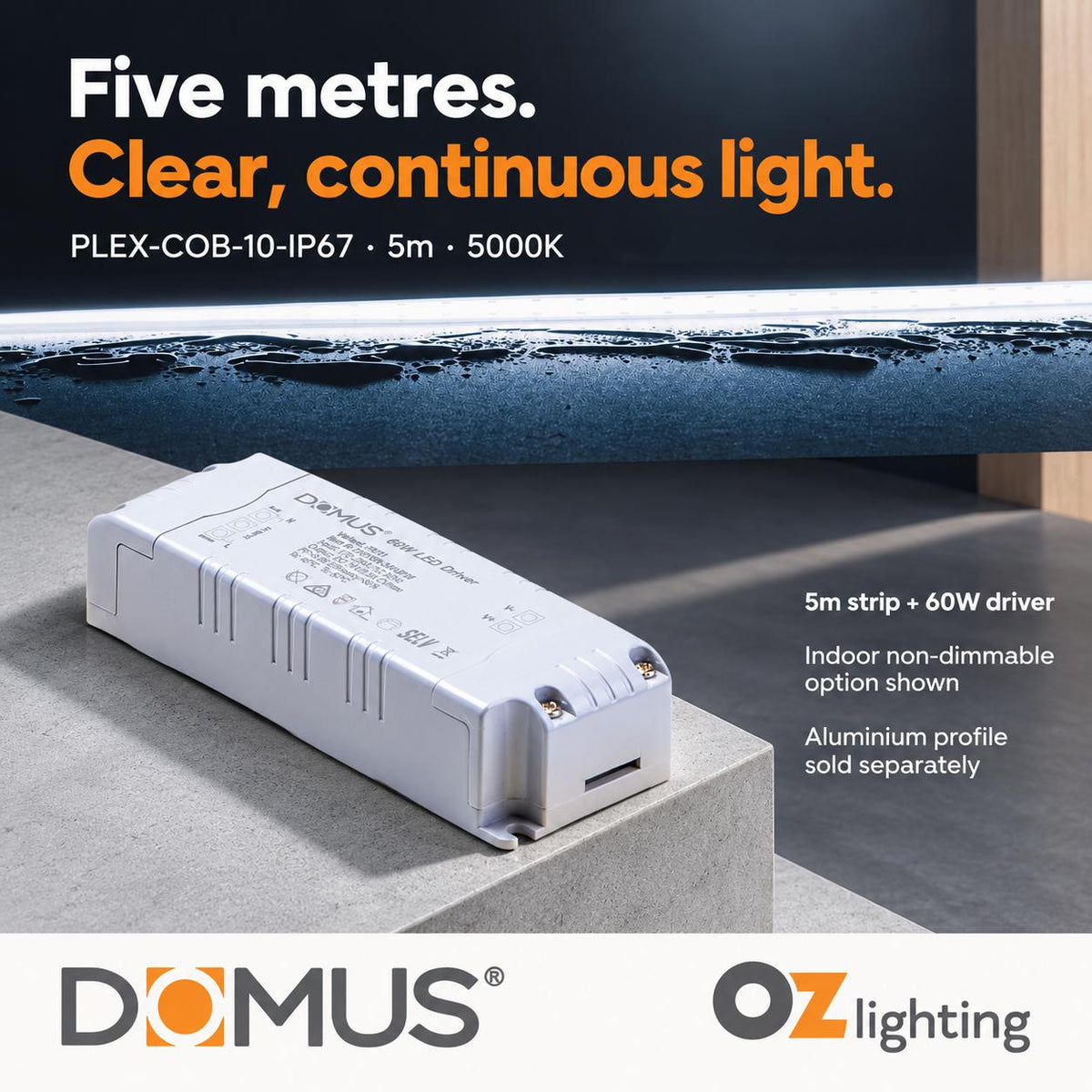 Domus PLEX-COB-10-IP67 5m 5000K LED strip and driver bundle — hero