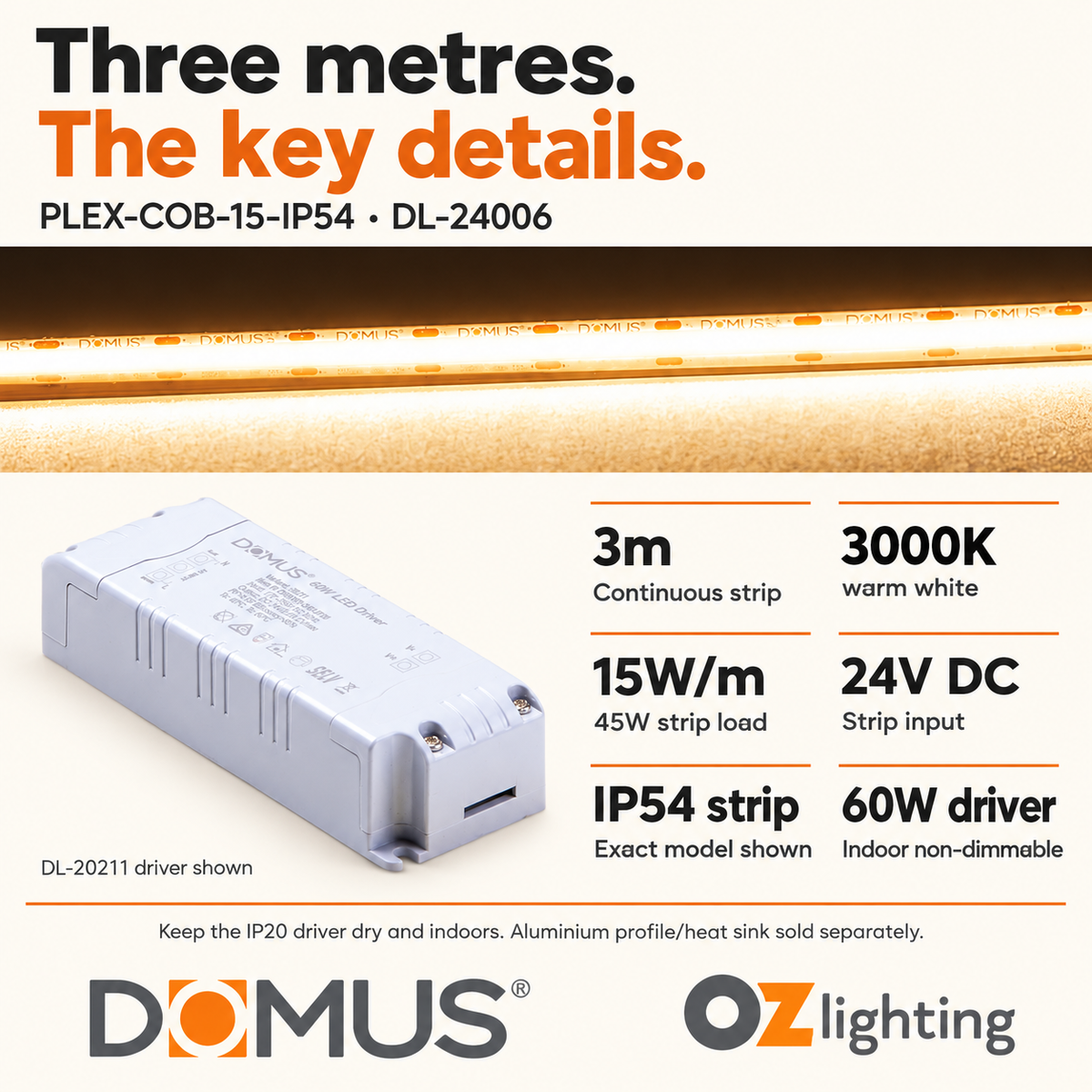 Domus PLEX-COB-15-IP54 3m 3000K LED strip and driver bundle — product details
