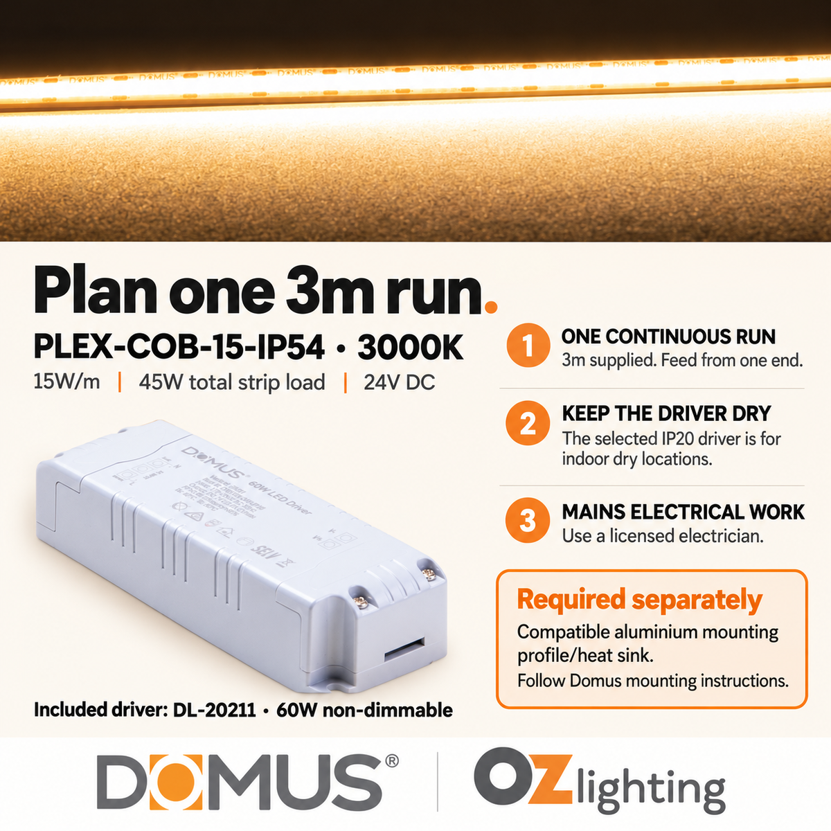 Domus PLEX-COB-15-IP54 3m 3000K LED strip and driver bundle — practical advice