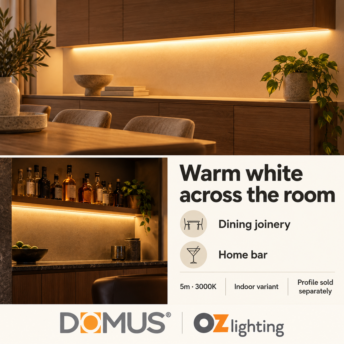 Domus PLEX-COB-15-IP54 5m 3000K LED strip and driver bundle — marketing