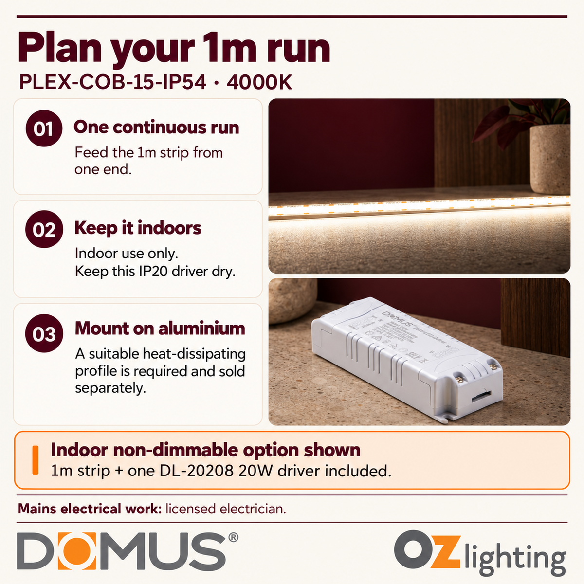 Domus PLEX-COB-15-IP54 1m 4000K LED strip and driver bundle — practical advice