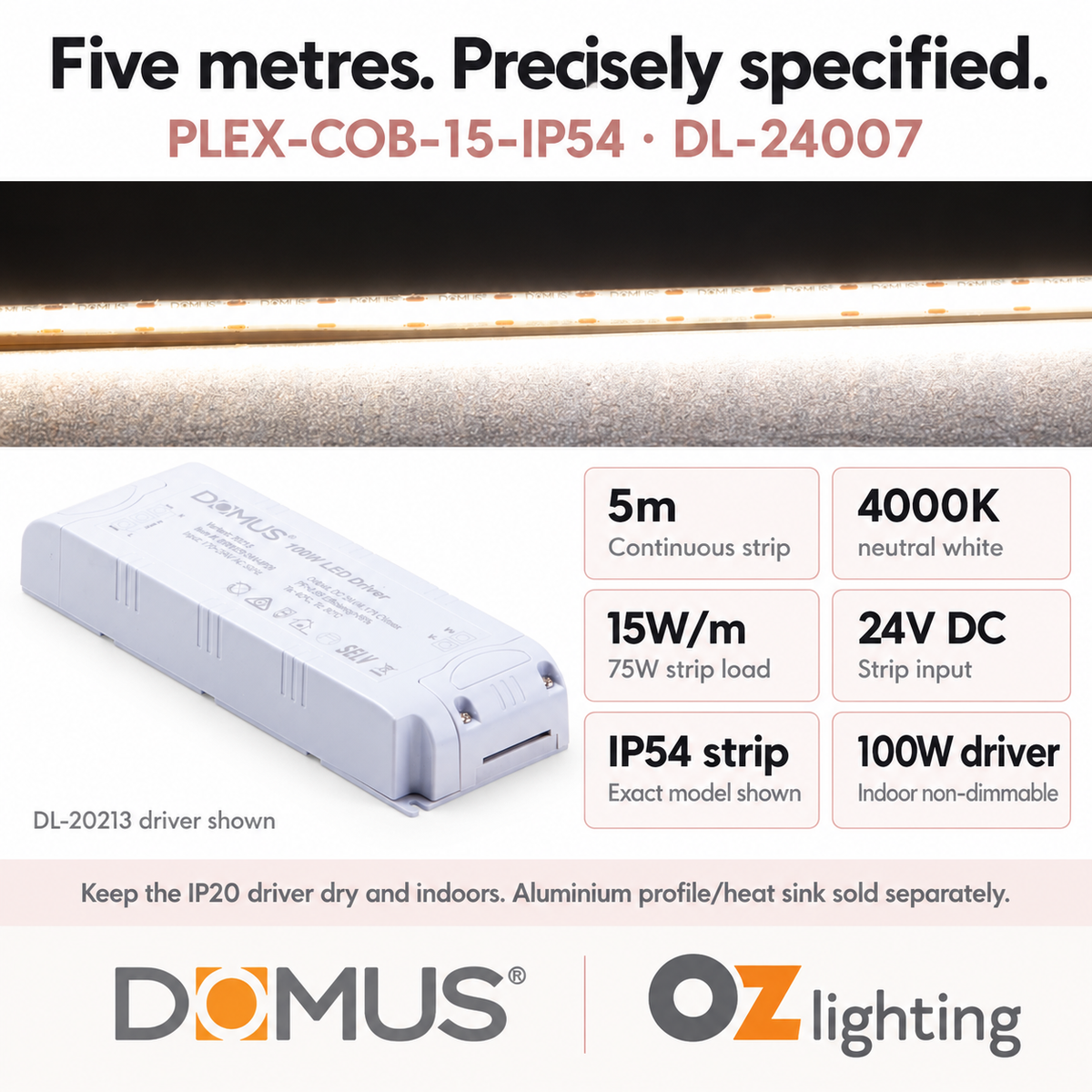 Domus PLEX-COB-15-IP54 5m 4000K LED strip and driver bundle — product details