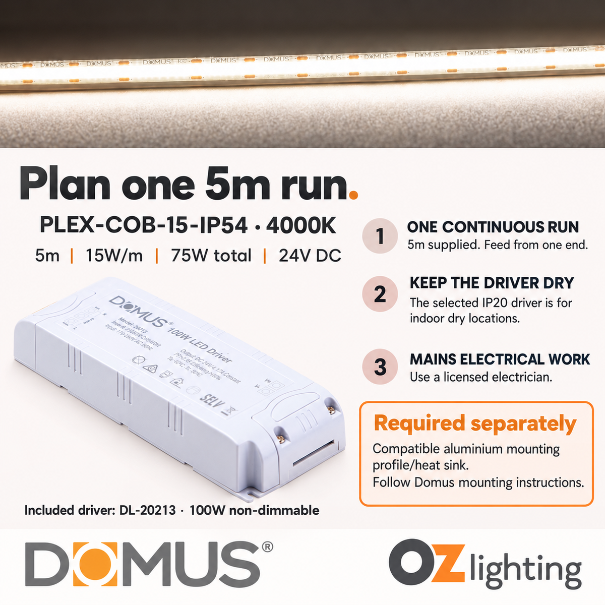 Domus PLEX-COB-15-IP54 5m 4000K LED strip and driver bundle — practical advice