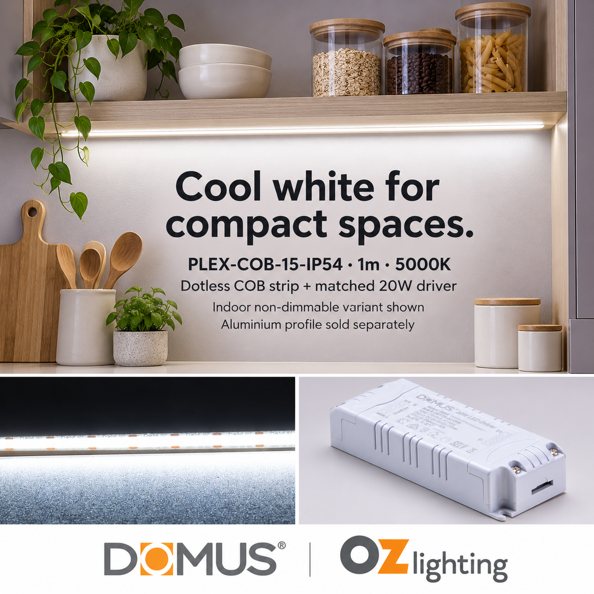 Domus PLEX-COB-15-IP54 1m 5000K LED strip and driver bundle — product benefit