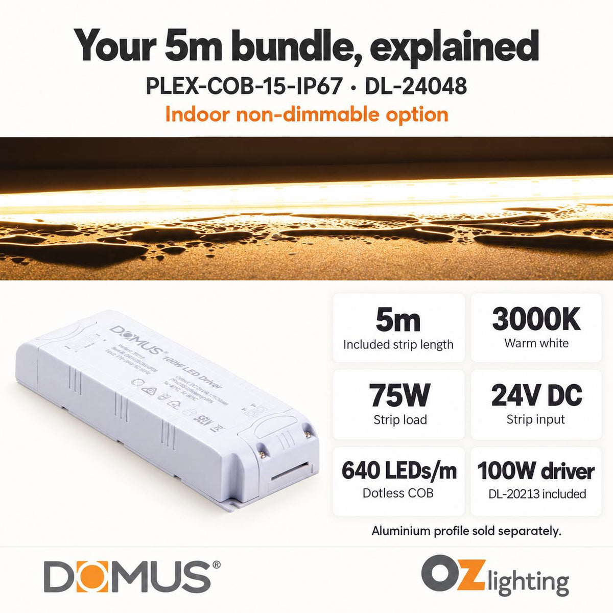 Domus PLEX-COB-15-IP67 5m 3000K LED strip and driver bundle — product details