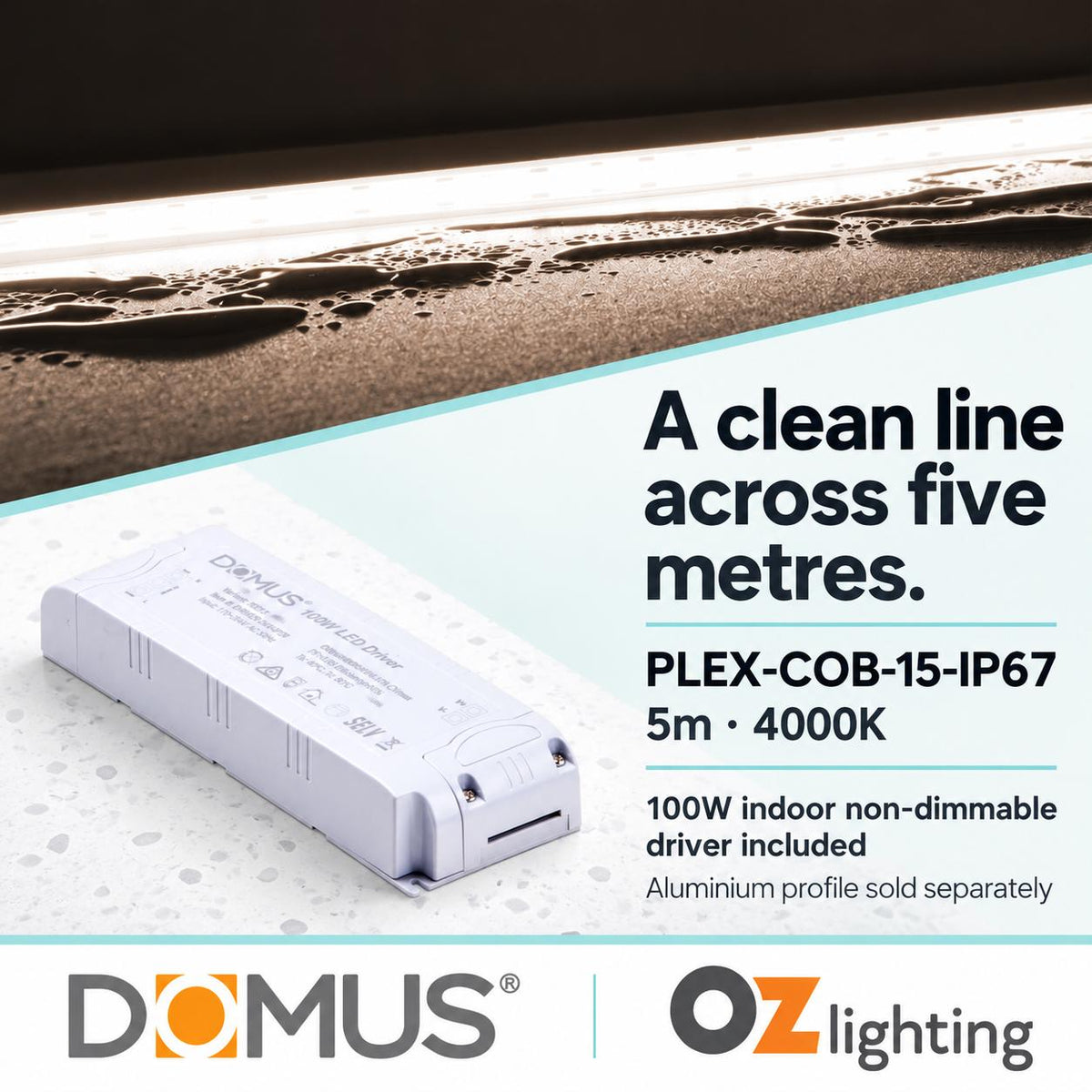 Domus PLEX-COB-15-IP67 5m 4000K LED strip and driver bundle — hero