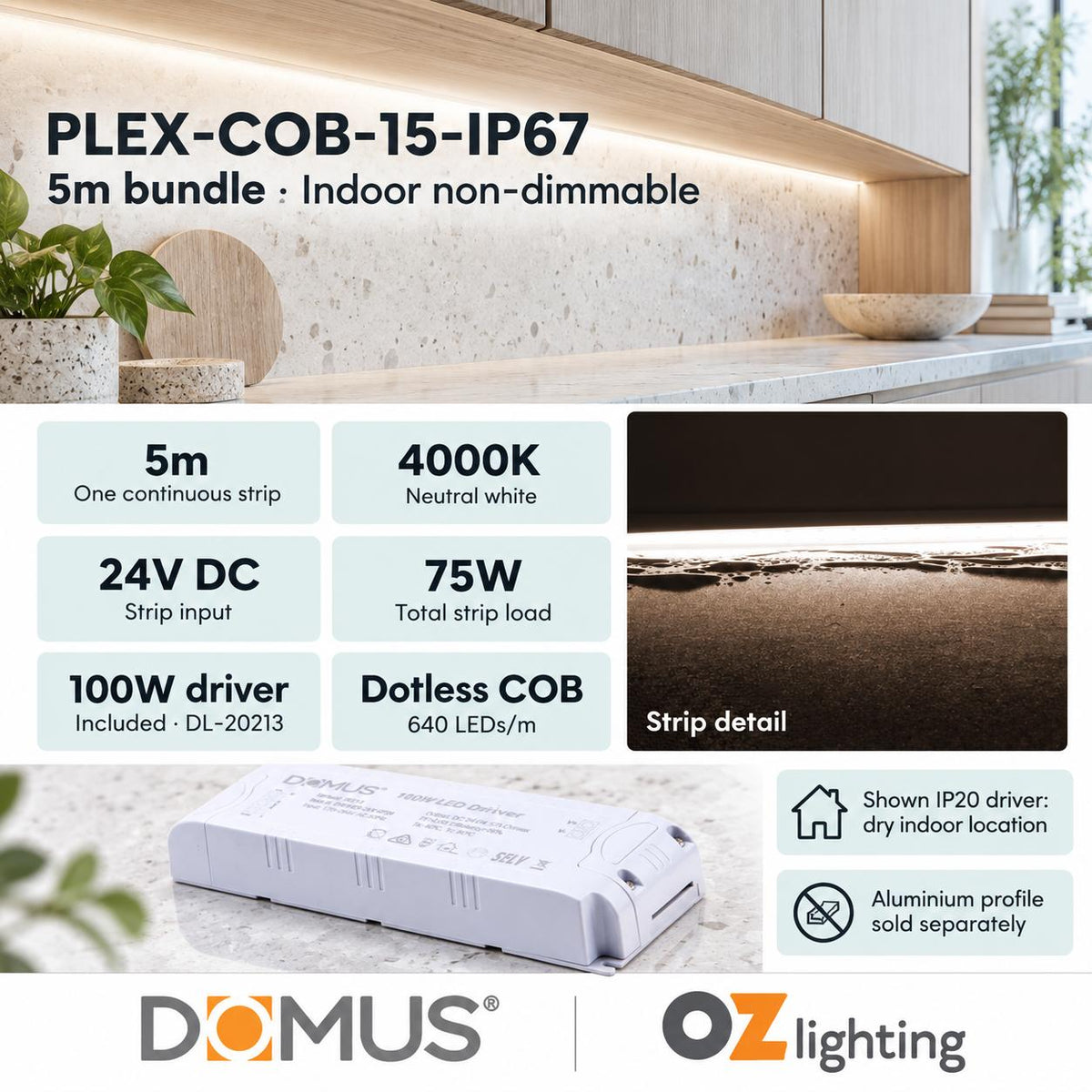 Domus PLEX-COB-15-IP67 5m 4000K LED strip and driver bundle — product details