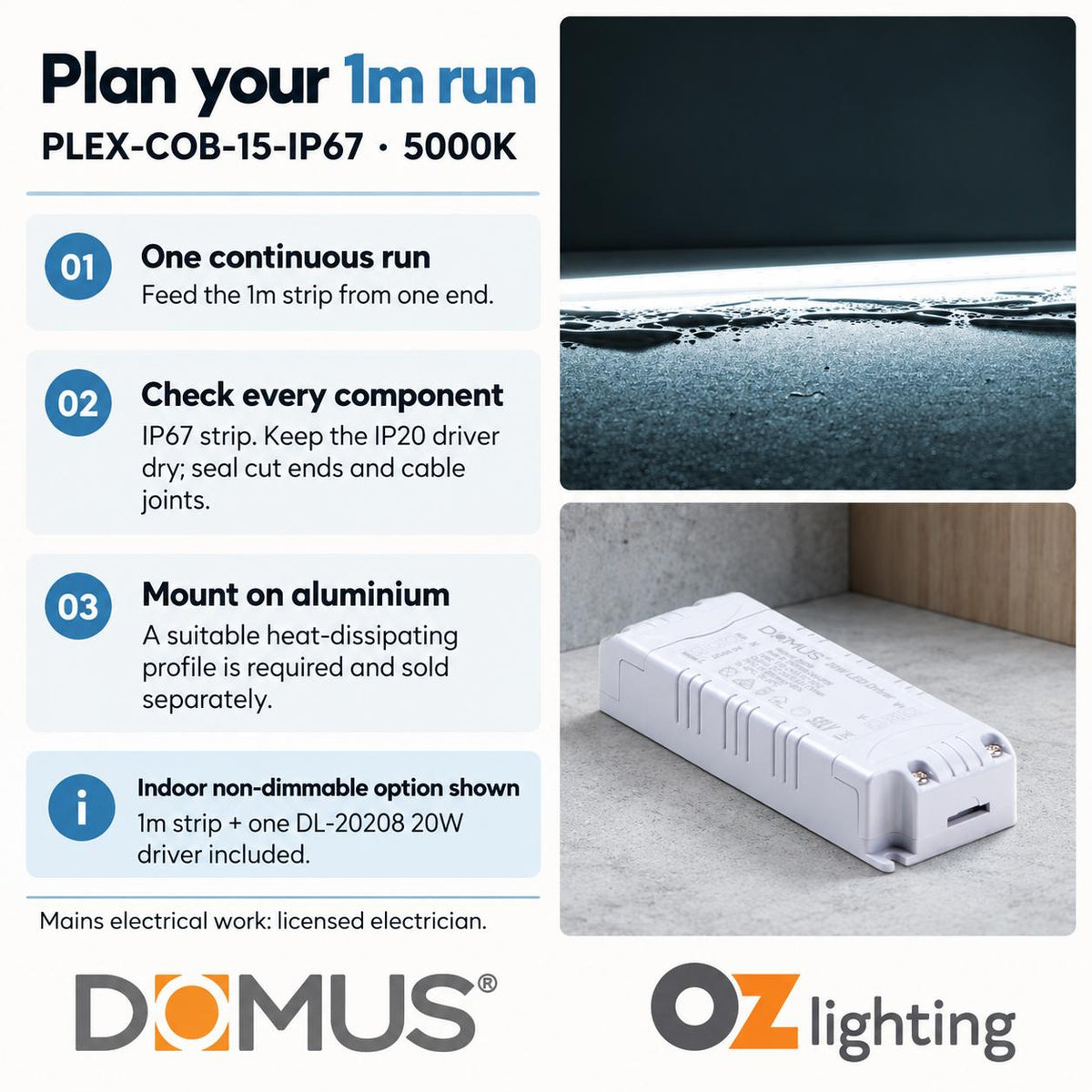 Domus PLEX-COB-15-IP67 1m 5000K LED strip and driver bundle — practical advice