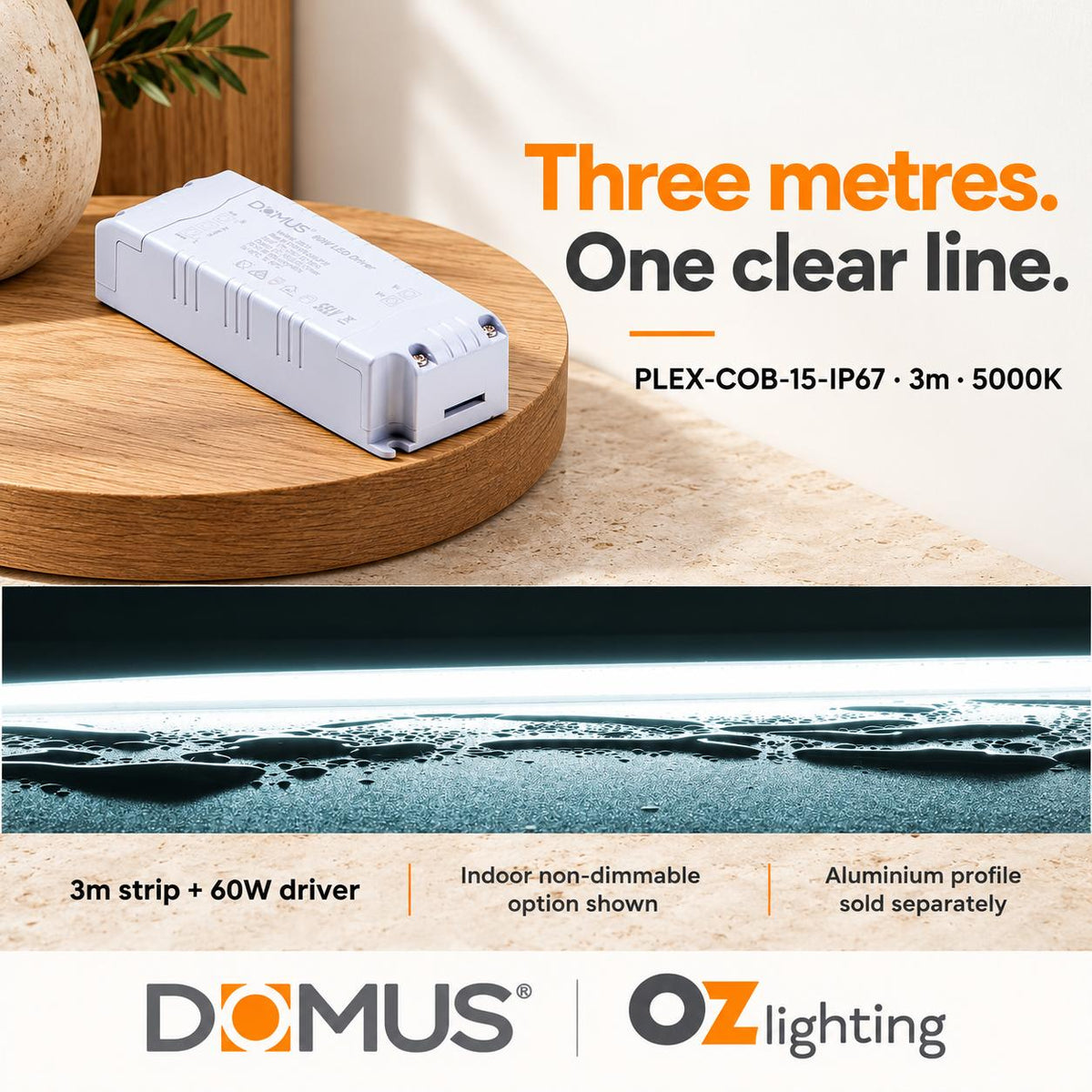 Domus PLEX-COB-15-IP67 3m 5000K LED strip and driver bundle — hero