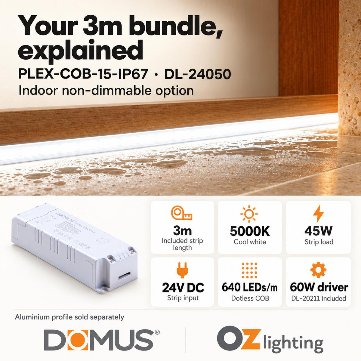 Domus PLEX-COB-15-IP67 3m 5000K LED strip and driver bundle — product details
