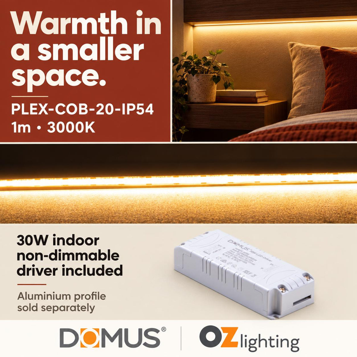 Domus PLEX-COB-20-IP54 1m 3000K LED strip and driver bundle — hero