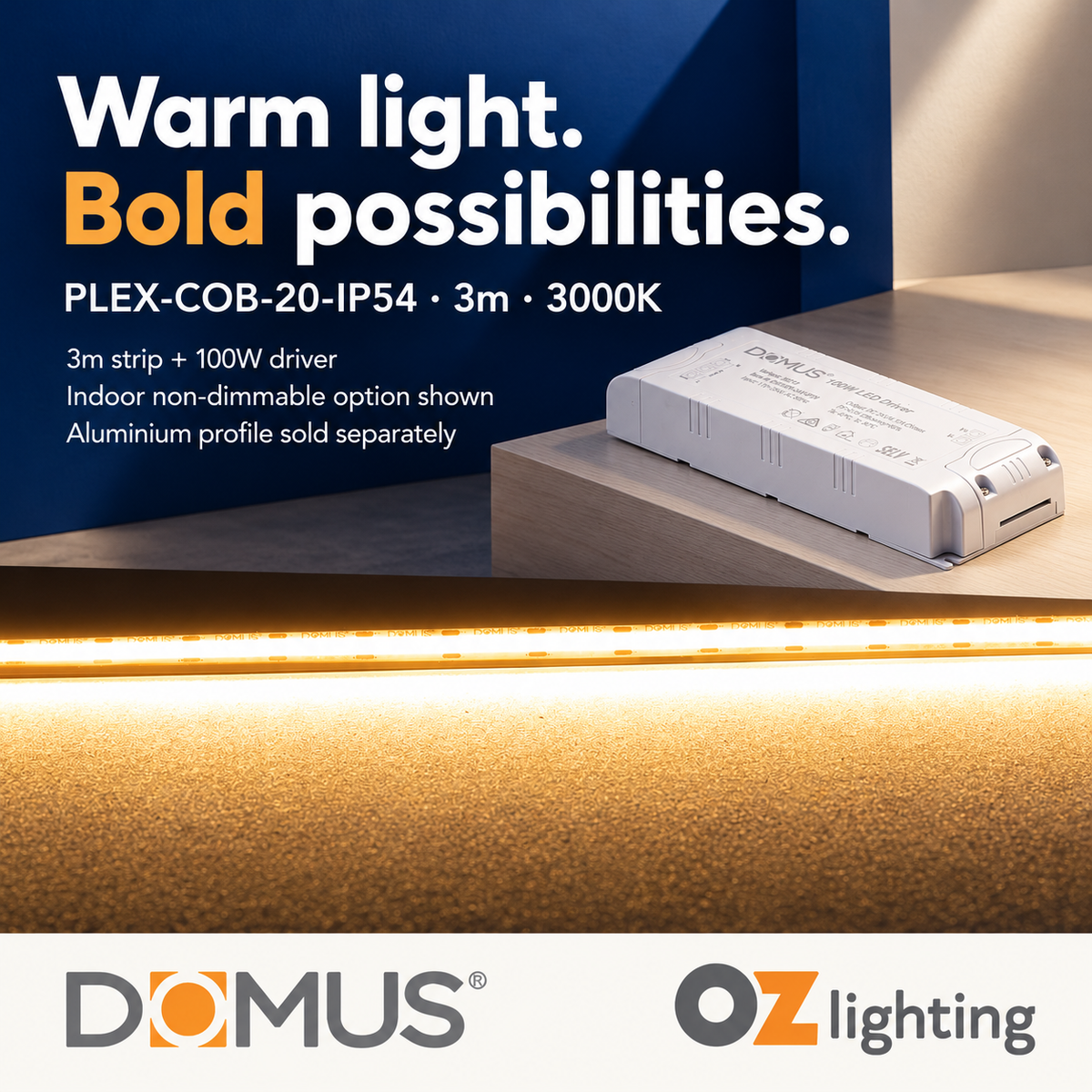 Domus PLEX-COB-20-IP54 3m 3000K LED strip and driver bundle — hero