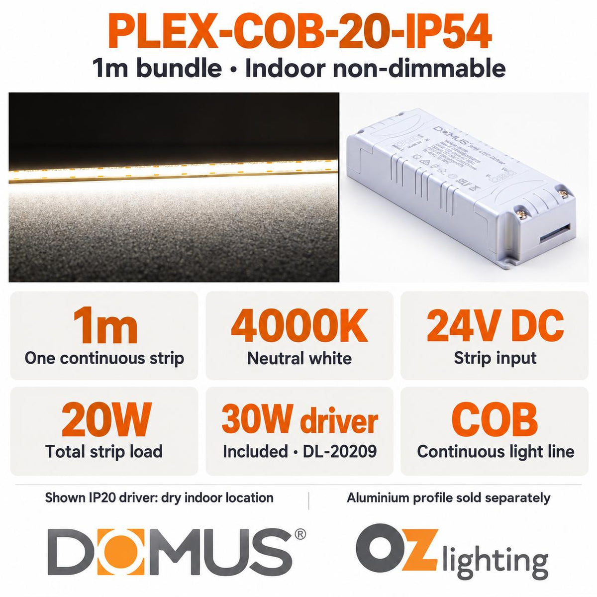 Domus PLEX-COB-20-IP54 1m 4000K LED strip and driver bundle — product details