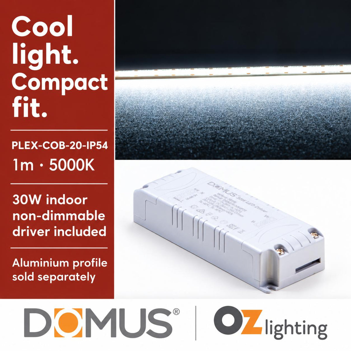 Domus PLEX-COB-20-IP54 1m 5000K LED strip and driver bundle — hero
