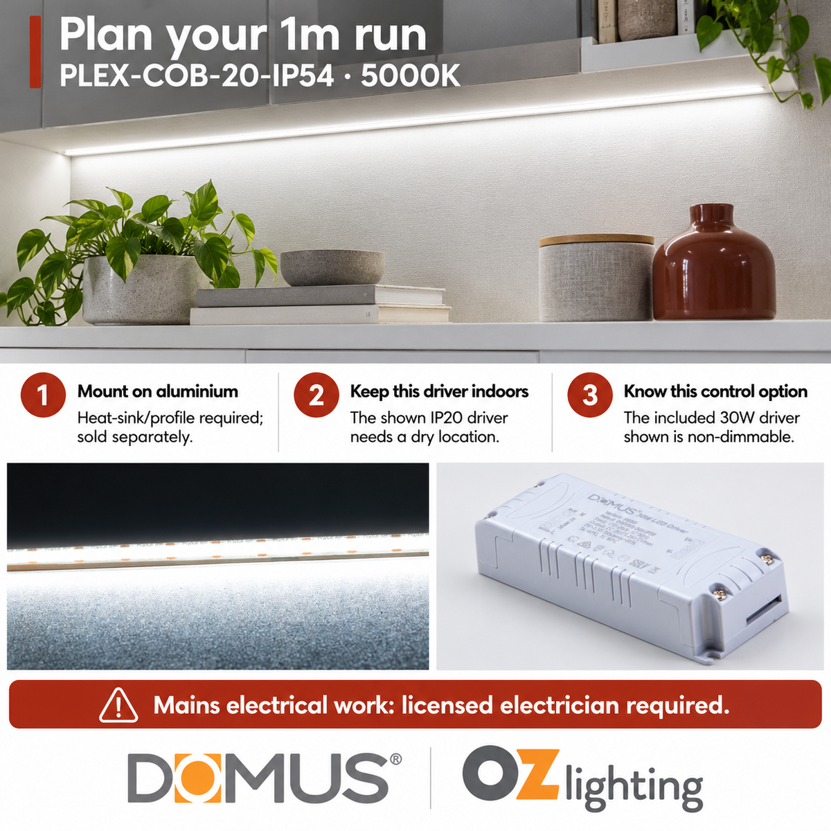 Domus PLEX-COB-20-IP54 1m 5000K LED strip and driver bundle — practical advice