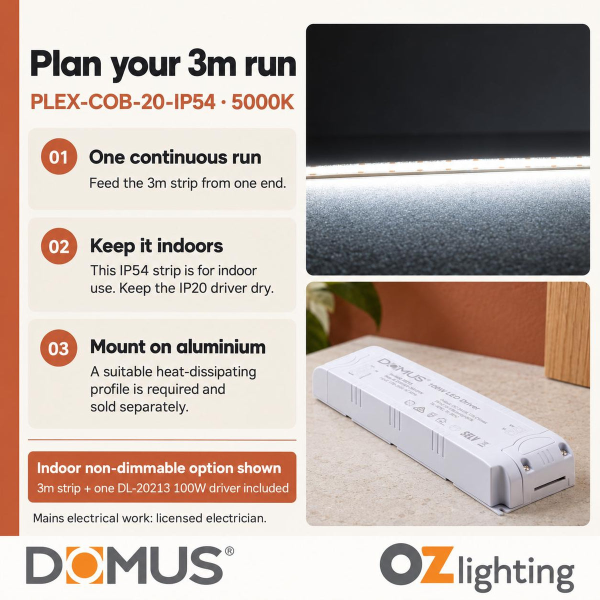 Domus PLEX-COB-20-IP54 3m 5000K LED strip and driver bundle — practical advice