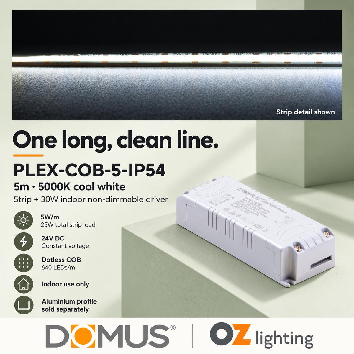 Domus PLEX-COB-5-IP54 5m 5000K LED strip and driver bundle — hero