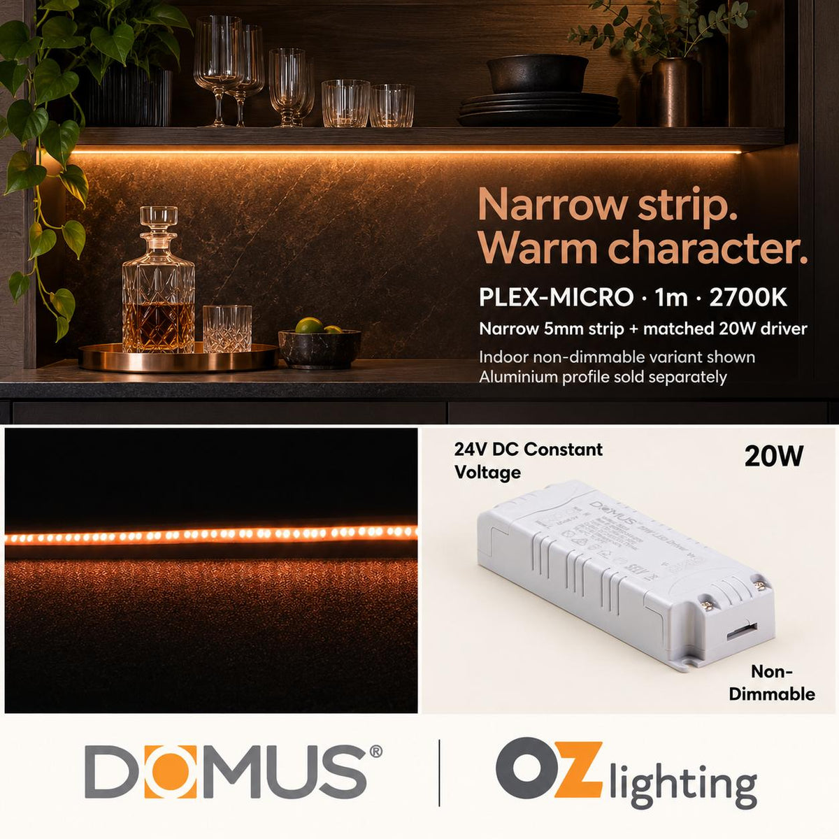 Domus PLEX-MICRO 1m 2700K LED strip and driver bundle — product benefit