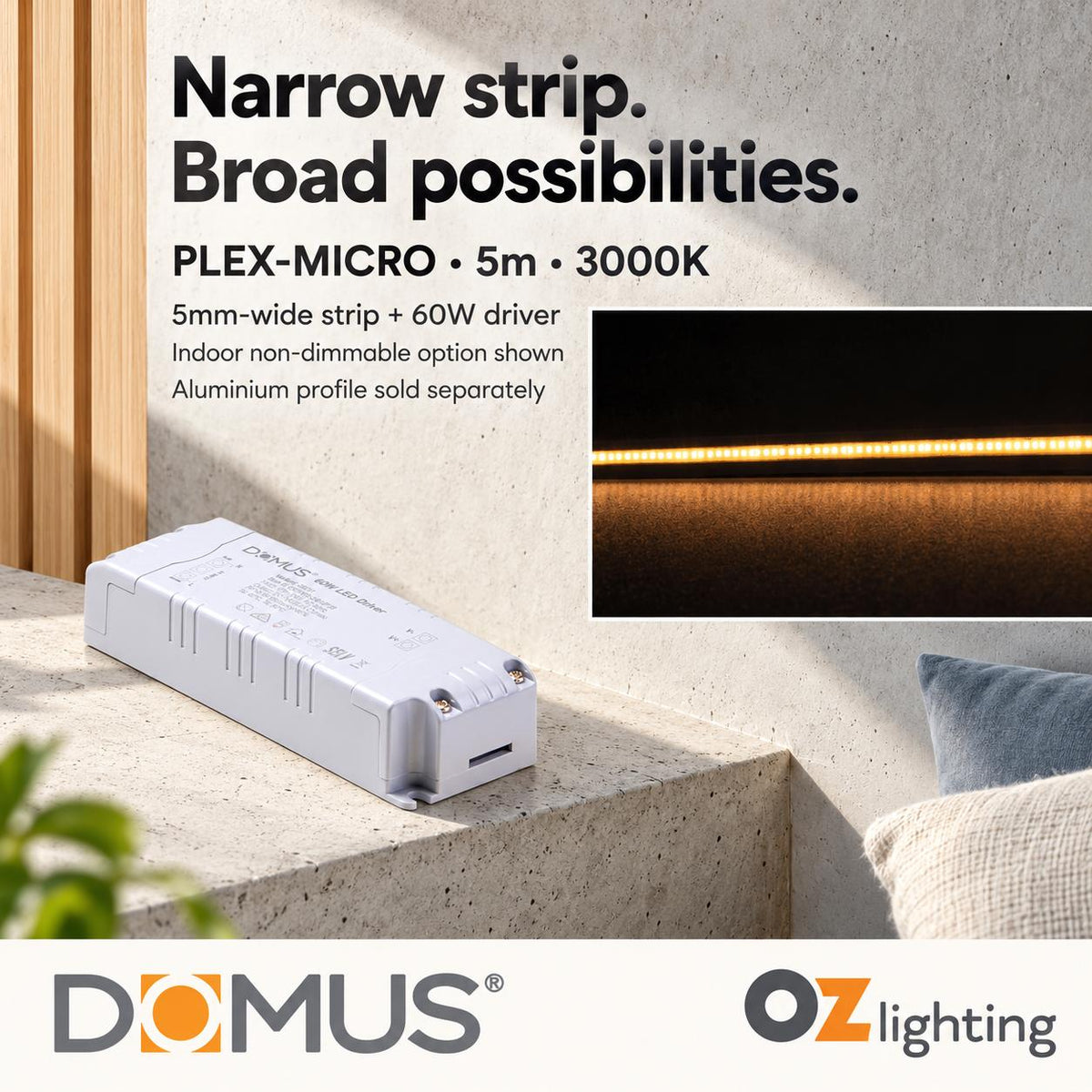 Domus PLEX-MICRO 5m 3000K LED strip and driver bundle — hero