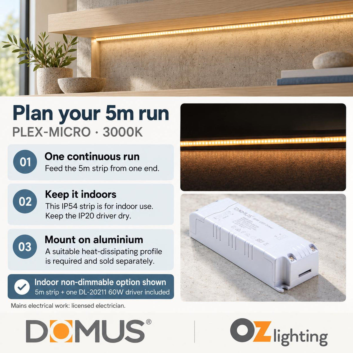 Domus PLEX-MICRO 5m 3000K LED strip and driver bundle — practical advice