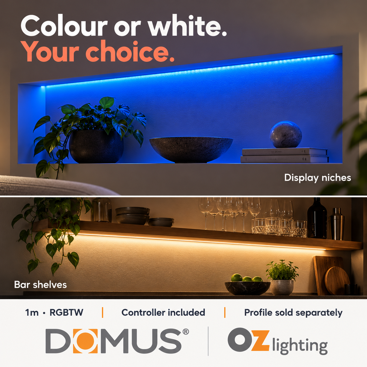 Domus PLEX-RGBTW 1m RGB + tunable white, 2700K–6500K LED strip and driver bundle — marketing